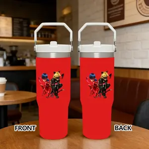 Miraculous Ladybug Vacuum Flasks 30oz Flip Straw White Tumbler with Handle | Leakproof Twist-On Lid Water Bottle | Double Wall Vacuum Insulated Stainless Steel Cup | BPA-Free Reusable Travel Mug for Gym, Work & Daily Use