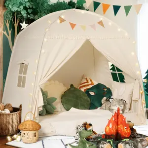 Large Teepee Tent for Kids with Star Lights & Flags Cream Indoor Toddler Teepee for Boys Girls Playhouse Canopy Bed Playroom Gift Toys