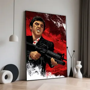 2D Flat, 1pc Unframed Vertical Canvas Poster - "Scarface" Iconic Shooting Scene Art Print, Vibrant Red & Black Movie Wall Decor for Home Office, Living Room, Bedroom - Perfect Gift for Film Fans & Movie Lovers, Movie Theater Decor, Dramatic Print
