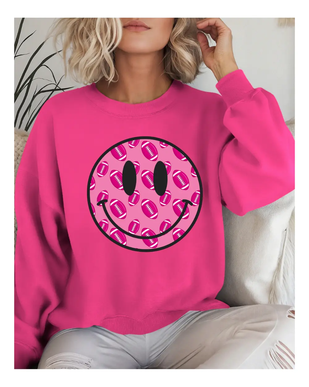 Hot Pink Gildan Unisex Heavy Blend Crewneck Sweatshirt 50/50 | Hot Pink Foot Ball Smiley Face Sweaters