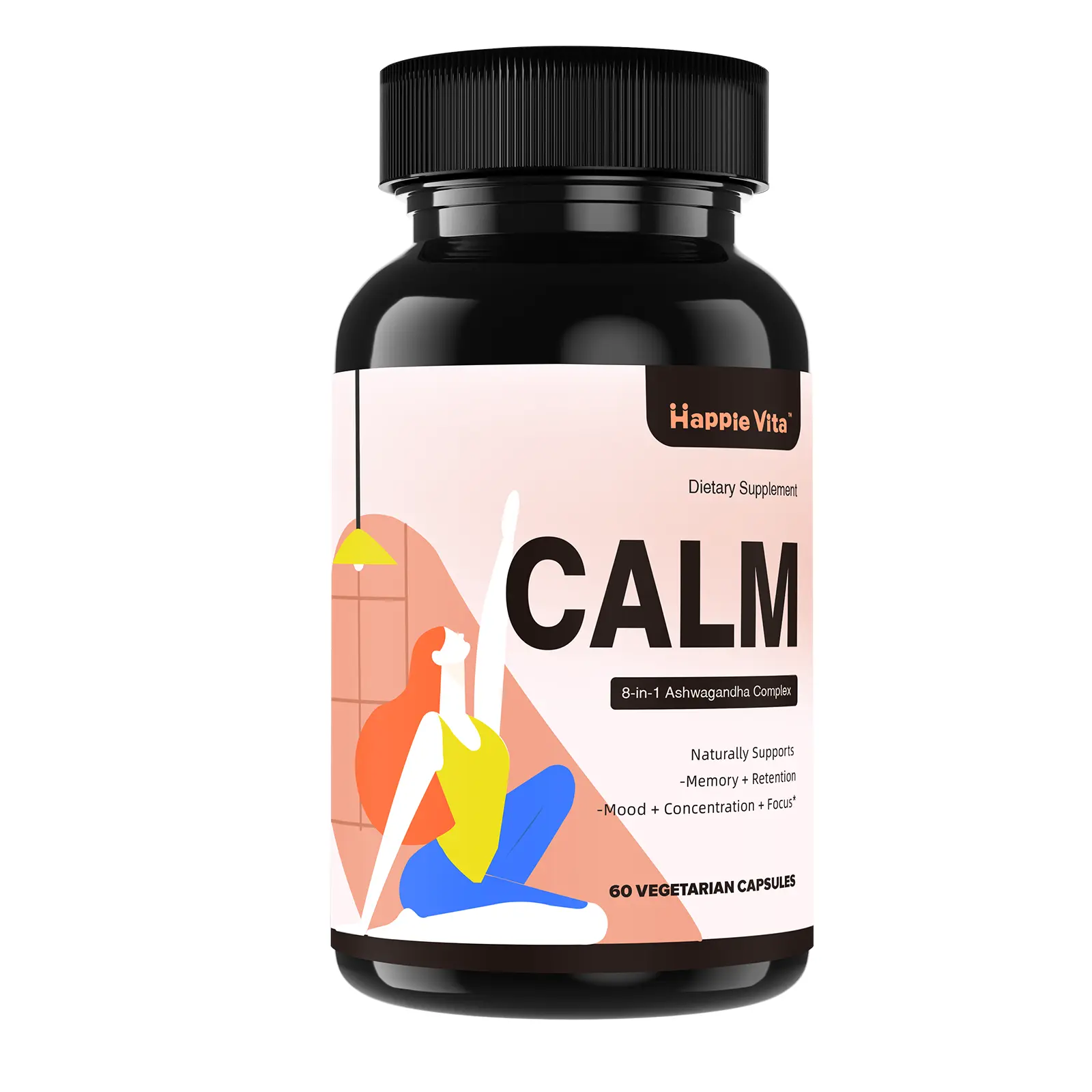 HappieVita CALM Ashwagandha 4000mg – Natural Stress & Mood Support with Rhodiola Rosea, Reishi, Ginseng, Bacopa & L-Theanine – Adaptogen & Cortisol Supplement, 60 Capsules Nootropic Fitness Healthcare
