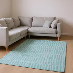 HomeRoots 655697 9 x 12 ft. Teal & Ivory Striped Transitional Washable Machine Made Rectangle Area Rug with UV Protection