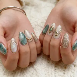Translucent Jade Green Gradient Press On Nails, Luxury Gold Foil Edge with Glitter Rhinestone Accents, New Chinese Style Elegant Medium-Long Almond Removable False Nails with Jelly Glue and Nail File
