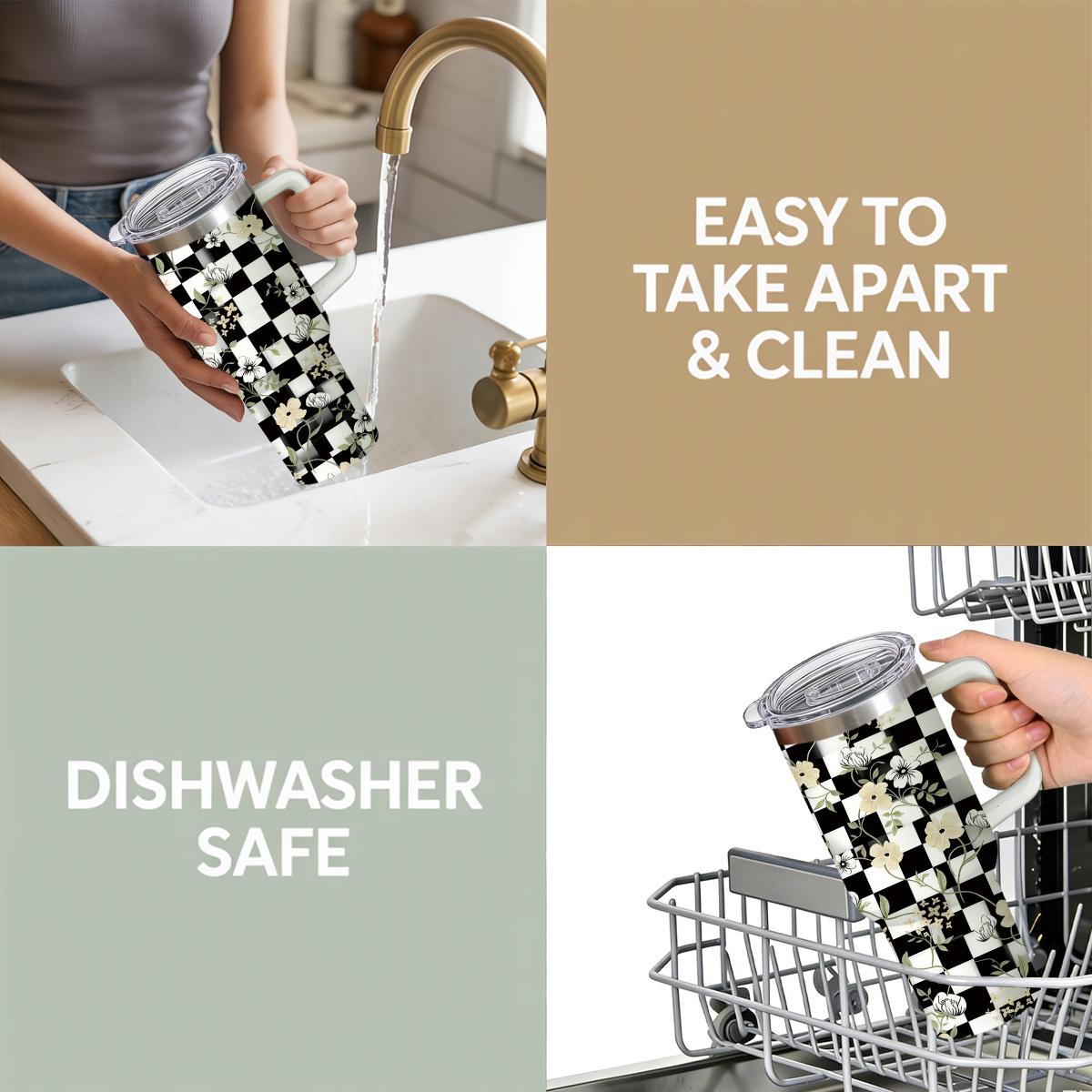 30 oz Sweet & Edgy Checkerboard Floral Insulated Tumbler, Y2K Aesthetic Black & White Checkered Travel Mug with Cream Flowers, Comfort Handle & Straw, Preppy Gift for Her, 48H Iced