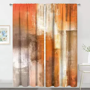 Abstract Burnt Orange Curtains 42W x 63H Inch Rod Pocket Rustic Rust Brown Art Painting Modern Contemporary Watercolor Cool Grey Oil Print Living Room Bedroom Window Drapes Fabric 2 Panel