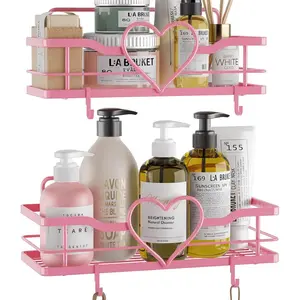 Pink Shower  with 4 Removable Hooks, 2 Pack Sweet Heart Shower Shelves,No Drilling Adhesive Organizer Shelf for Bathroom Shower,Kitchen,Bedroom