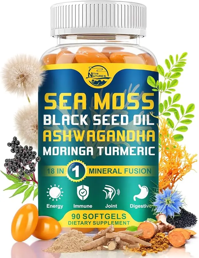 Nature's live Organic Sea Moss Softgels, with Black Seed Oil, Ashwagandha, Bladderwrack, Ginger, Burdock Root, Manuka Honey, Cinnamon for Immune System, Skin, Energy, 90 Softgels, 1 Pack Healthcare Fitness Herbal Wellness pure yerba