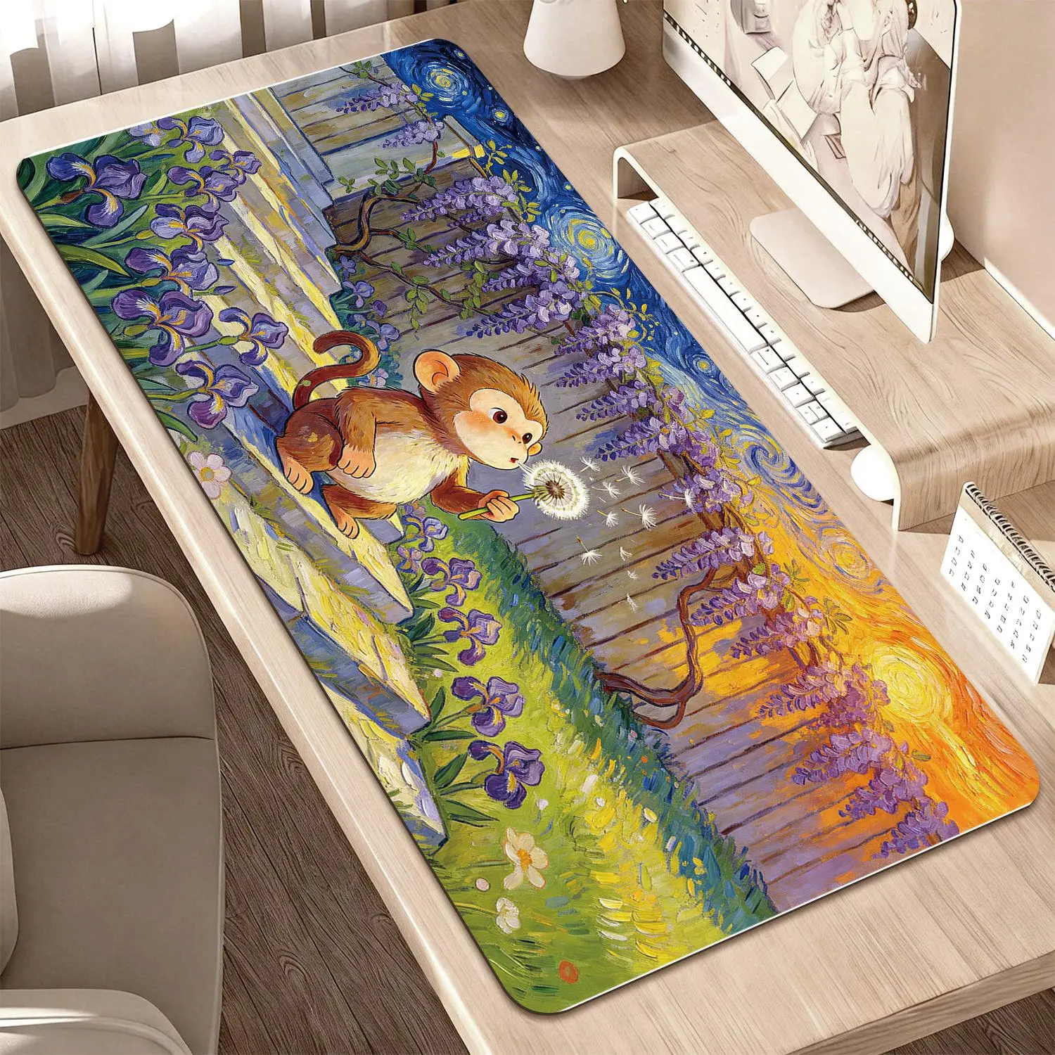 Premium Sublimation Computer Mouse Pad - Monkey & Dandelion Starry Sunset Garden Illustration, 40x80cm Non Slip Mousepad, Durable Non-Slip Rubber Base Desk Mat for Office Work & Gamers’ Comfort