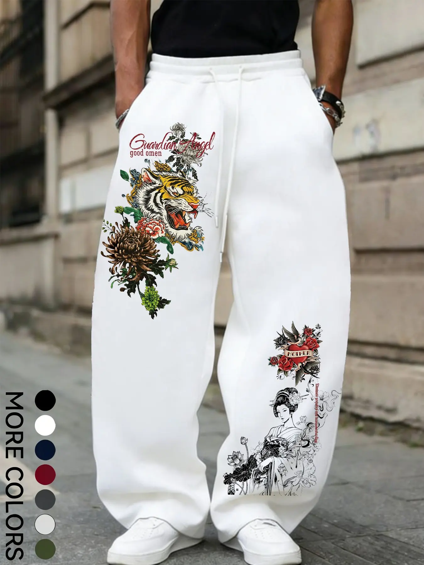 Unisex Wide Leg Sweatpants, Traditional Tattoo Style Tiger Geisha Floral Print, Loose Fit Drop Waist, Streetwear Summer Long Pants