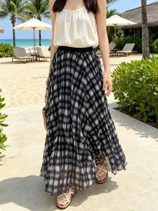 Elegant Vintage Long Plaid Skirt, High-Waisted A-Line Design, Perfect for Daily Wear & Parties, Loose Fit for Comfortable Style, Elegant Casual Skirt