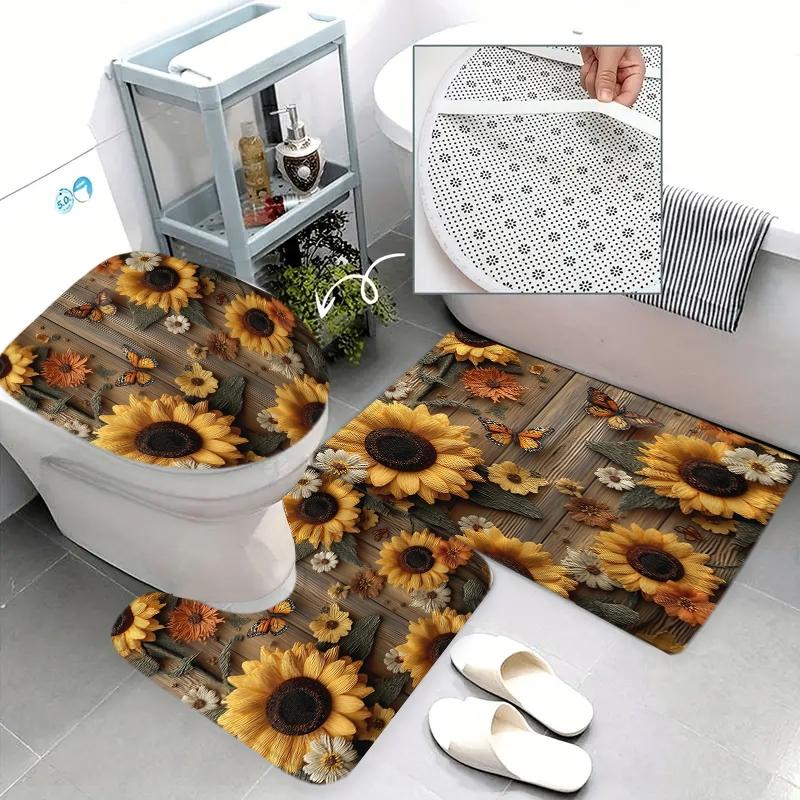 Creative Sunflower & Butterfly Garden Shower Curtain Set, Waterproof Polyester, Includes Hooks, Toilet Lid Cover, Mat, Ideal Gift