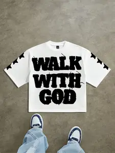 Viral Faith-Based Oversized Baggy Graphic T-Shirt 'Walk With God' Slogan Print Soft Cotton Loungewear/Streetwear Men's Tee Comfy Home Wear Retro Aesthetic Oversize Top Cozy Casual Daily Tee Distressed Print Design Trendy Religious Tee