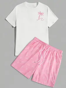 Men's Solid Basic Set Loose White Short Sleeve & Caramel Brown Drawstring Shorts Summer Commuter Casual 2-Piece