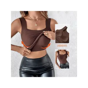 2026 Built-in Bra tank tops for women U Neck Seamless Padded Camisole, High Stretch basic tanks, going out tops for Everyday Summer Wear