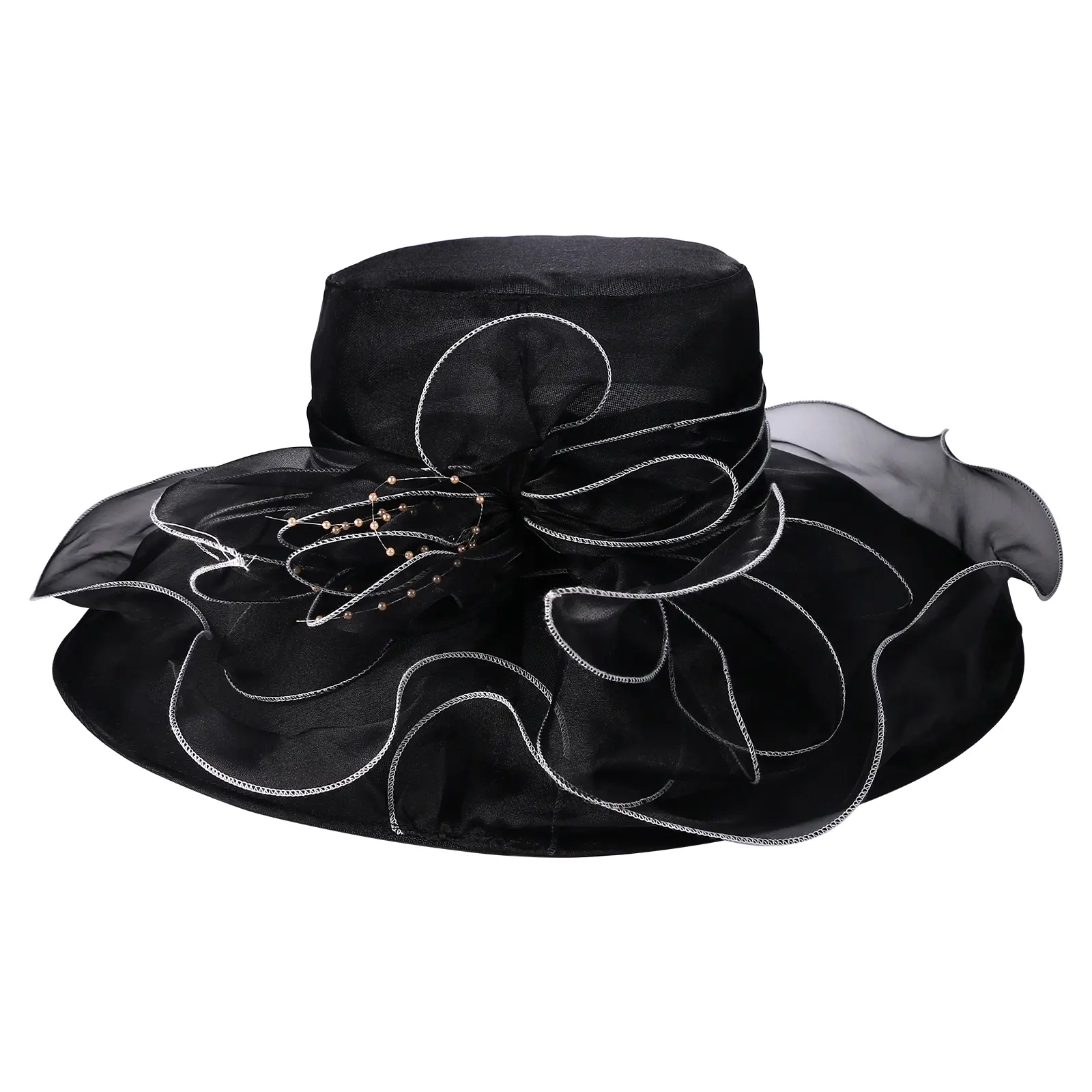 OIDEA Women's Elegant Organza Black Hat - Adjustable Brimmed Floral Feather Fascinator Cap Headband, Female Sun Protection Accessory for Royal Ascot, Wedding summerwins,summerwins
