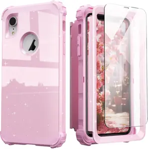 Luxury Glitter Pink iPhone XR Case with 3-in-1 Shockproof Protection Full Body Anti-Fingerprint Cover Tempered Gla Screen Protector Durable Hybrid Design for Women
