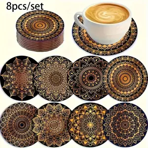 8-Piece Golden Mandala Wooden Coasters - Absorbent and Durable, Ideal for Coffee, Tea, and Beverages | Perfect Home and Restaurant Decor | Ideal Graduation Gift