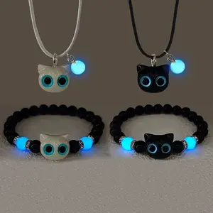 Hot Cute Cartoon Big Eye Cat Luminous Bracelets Glow In The Dark Fluorescence Pendant Bracelet For Women Couple Friendship Jewelry Gift for love