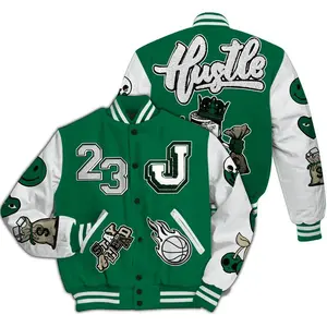 Pine Green Sneaker Match Varsity Bomber Jacket, Hustle Money Graphic, Urban Jordan Style Streetwear, Premium Outerwear Gift For Hypebeast Fans