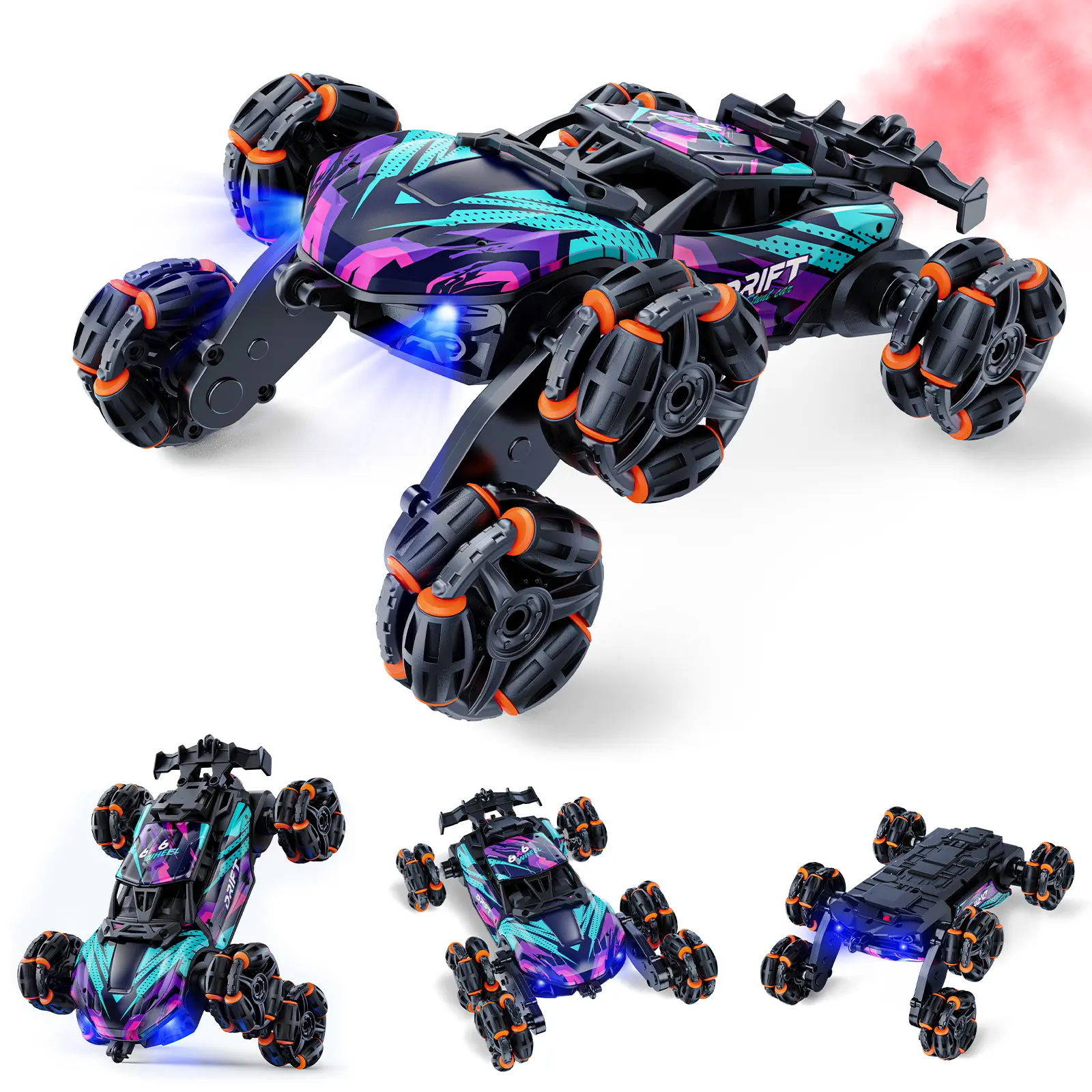 Veeniix 2370 6WD RC Controlled Stunt Car - ABS Plastic Off-Road Toy with 360° Spins, Double-Sided Driving, Rechargeable LED Lights, Spray Effect, 2x3.7V 500mAh Batteries, Gift for Ages 8+ Kids, Rc Model Car