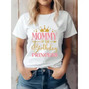 Womens Birthday Party Graphic Tee Mommy of the Birthday Princess Crown and Arrow Design Cute Mom Shirt Soft Short Sleeve Crewneck Top