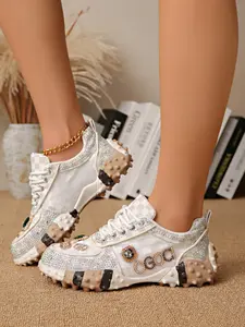 Women's Thick Sole Dad Shoes, Rhinestone Checkerboard Durian Bottom, Height-Boosting Casual Sports Shoes, European and American Style