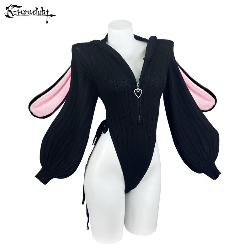 KORURACLUB Valentine's Day Cosplay Sexy Bunny Outfit 3-Piece Set Ruched Waist Corset Black Fabric Women's Cute Everyday Fuzzy Bunny Bodysuit