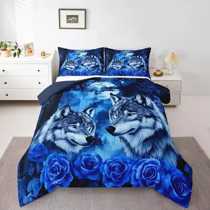 Wolf Couple Bedding Set,Blue Starry Sky Moon Comforter Set,Wolves Rose Safari Wildlife Animal Quilt for Women Bedroom Decor