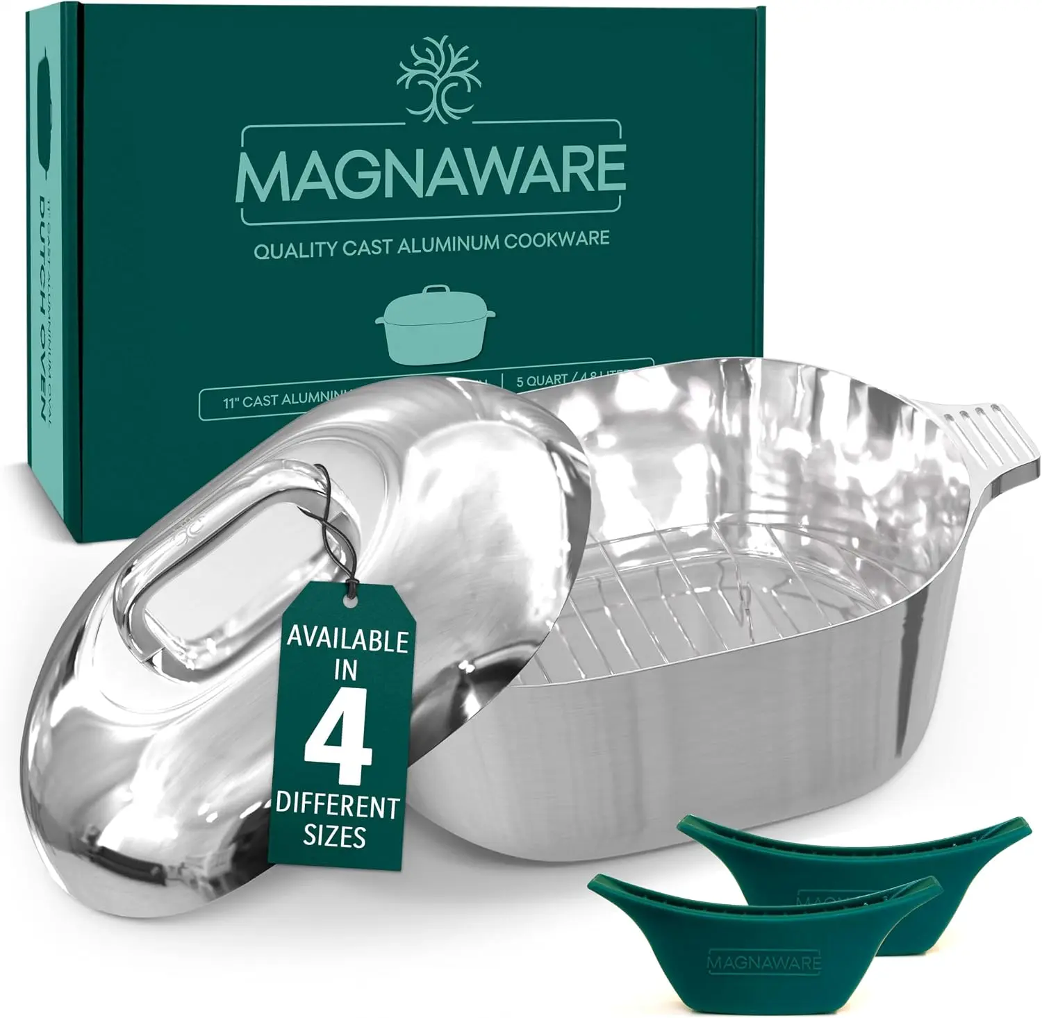 MAGNAWARE Oval Dutch Oven with Lid 5 to 12.6 Quart, 11 to 18 Inch Cast Aluminum, Lightweight Rustproof, Classic Pot with Roasting Rack & Silicone Handle Covers