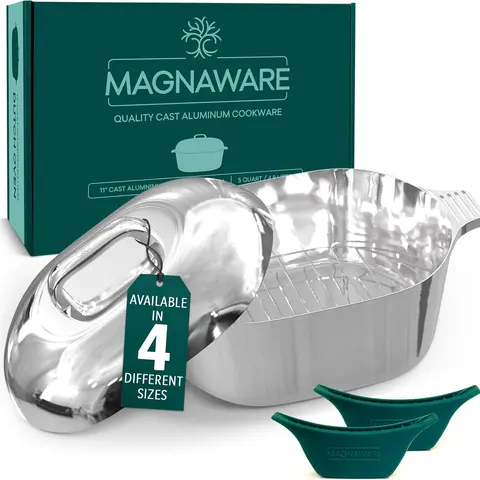 MAGNAWARE Oval Dutch Oven with Lid 5 to 12.6 Quart, 11 to 18 Inch Cast Aluminum, Lightweight Rustproof, Classic Pot with Roasting Rack & Silicone Handle Covers