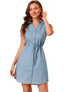 INSPIRE CHIC Denim Collar Button Down Tie Waist Casual Jean Shirt Dress