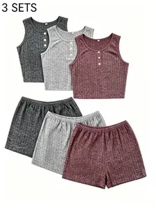 Trendy Y2K 3-Pack Loungewear Set, Ribbed Knit Elastic Henley Crop Top & Shorts Pajama Set Pjs, Comfy Minimalist Streetwear For Summer & Home Wear, Influencer Favorite, Womenswear, Fit