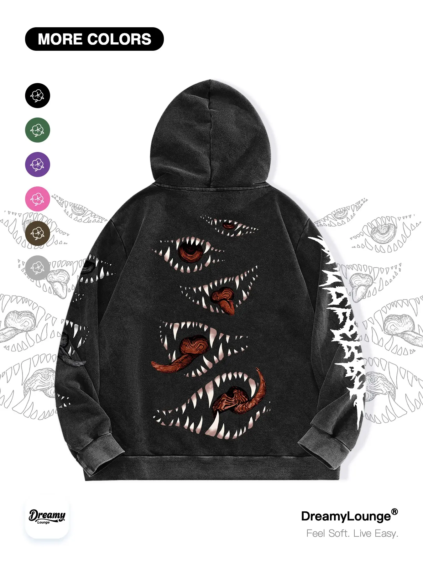Monster Mouth Design Hoodie, Graphic Loose-Fit Baggy Sweatshirt, Cotton Blend, Vintage Washed Style, Casual Breathable Pullover for Home & Outdoors