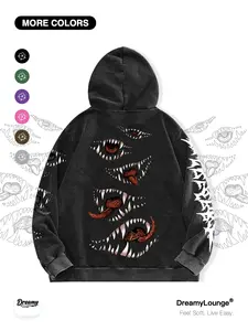 Monster Mouth Design Hoodie, Graphic Loose-Fit Sweatshirt, Cotton Blend, Vintage Washed Style, Casual Breathable Pullover for Home & Outdoors