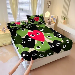 3 Pcs Set of Heart-Shaped Eye Pattern Printed Fitted Sheet Set, Bedding Set, Bedding Supplies, Durable Ultra-Fine Fiber Bed Cover, Suitable for Bedroom and Guest Room Decoration, Soft and Comfortable, Includes 2 Pillowcases