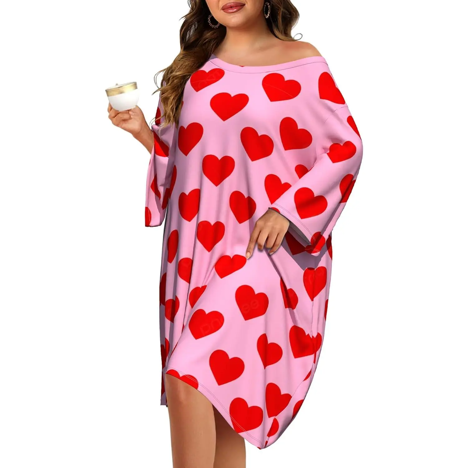 Women's Plus Size Graphic Heart All Over Print Short Sleeve Loose-Fitting Nightgown - Oversized Moomoo Dress with Pocket, Comfortable Loungewear for Bedtime Routine