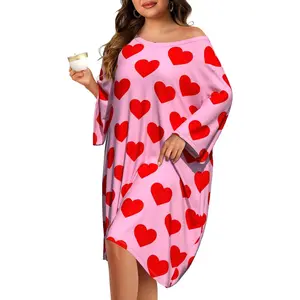 Plus Size Nightgowns for Women Oversized Nightshirt Long Sleeve Loungewear Moomoo Dress with Pocket Heart Print Design Comfortable Summer Style