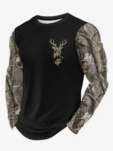 Men's Camo Deer Head Long Sleeve T-Shirt, Outdoor Casual Hunting Style, Fitted Camo Graphic Print Tee, All Seasons Wear, H Type Silhouette