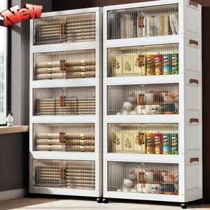 4/5-Tier Folding Storage Cabinet - Lidded Plastic Storage Boxes, Stackable Wheeled Containers, Foldable Storage System for Closet, Bedroom, Office, Kitchen Organization and Room Decor, Wardrobe Storage System