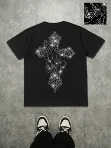 Men's Casual Fitted Round Neck Short Sleeve T-Shirt, Bottom Sparkle Cross Print, Comfortable Skin-Friendly Fabric, Fashion Versatile, Menswear