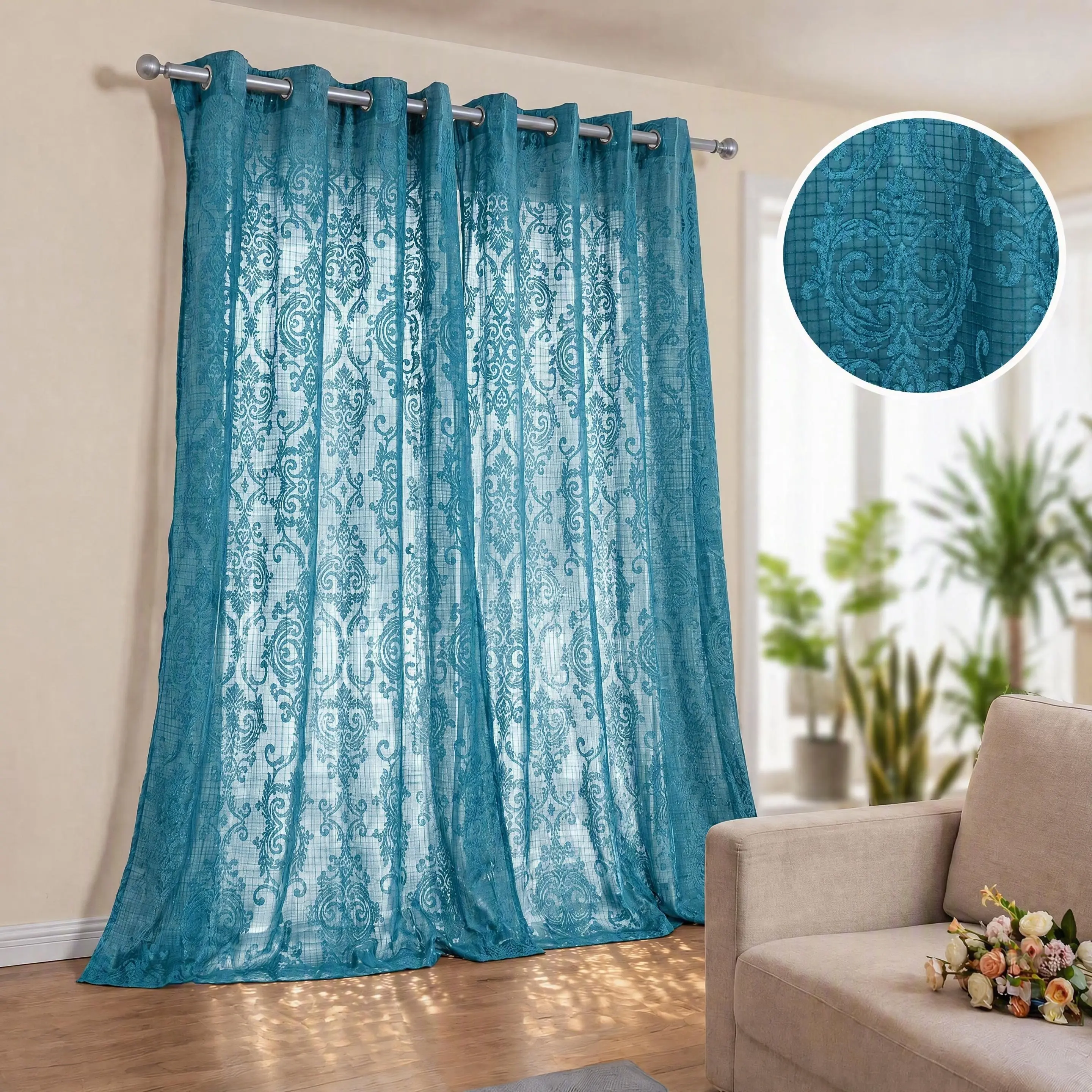 Jacquard Velvet Curtains 2 Panels Set 52x84 95 102 Inch, Geometric Textured Semi Sheer Light Filtering Grommet Window Drapes, Modern Simple Glare Blocking Easy Install Panels for Living Room Bedroom Balcony Restaurant Home Decor GRH5