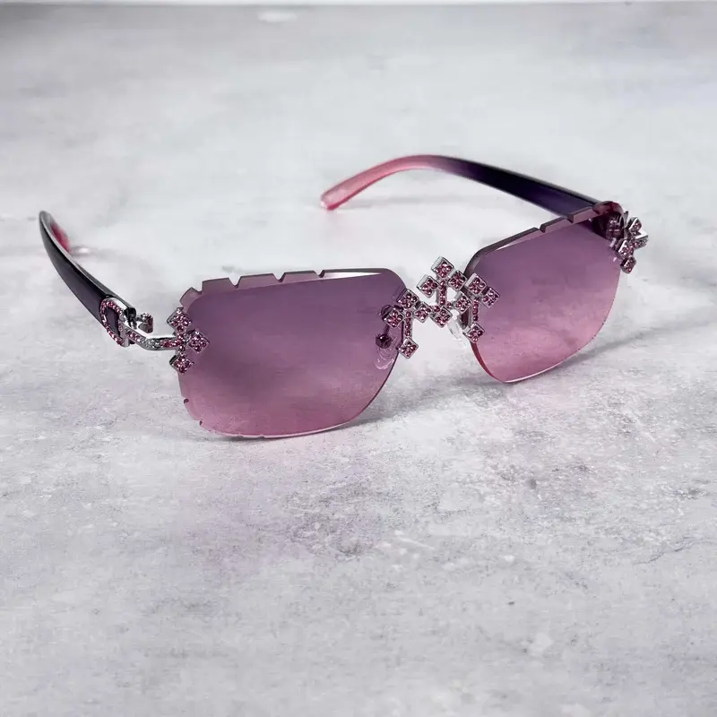 MaxBling81 Moissanite Triple Cross Sunglasses, Unisex Fashionable Rimless Design with Pink UV Protection Lenses for Daily Sun Wear, Fashionable Sunglasses