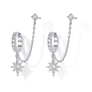 Star Earrings for Women Cubic Zirconia Earrings Double Piercing Dangle Chain Earrings for Women