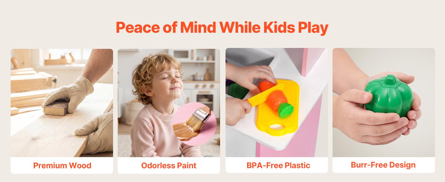 VEVOR Play Kitchen for Kids, Wooden, Kids Kitchen Playset with Real Lights & Sounds, Food & Cookware, Pretend Play Toy Set, Microwave, Oven, Clicking Knobs, for Toddlers, Girls & Boys Ages 3-8, Pink