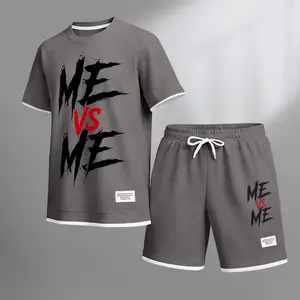 Men's Me Vs Me Print Drawstring Shorts Set For Spring/Summer. Including A Short-Sleeved Shirt And Shorts, Suitable For Everyday Wear And Sports. A Two-Piece Set For A Relaxed And Energetic Lifestyle.