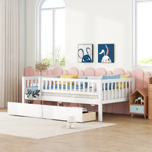 Twin Size Daybed with Two Drawers, Wood Twin Platform Bed Frame with Storage and Rails, No Box Spring Needed, Easy Assembly