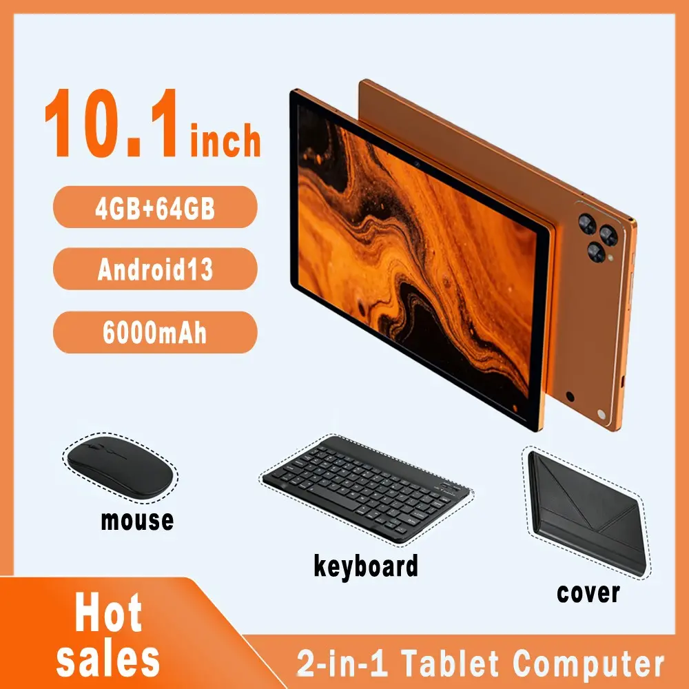 2-in-1 Android tablet, Touchscreen Android Tablet, Tablet Set Android, 10.1-inch Android 13 system with calling, supports SIM card, TF card, WIFI, Bluetooth, 4GB RAM, 64GB ROM, 6000mAh battery, accessories with leather case, keyboard, mouse, data cable