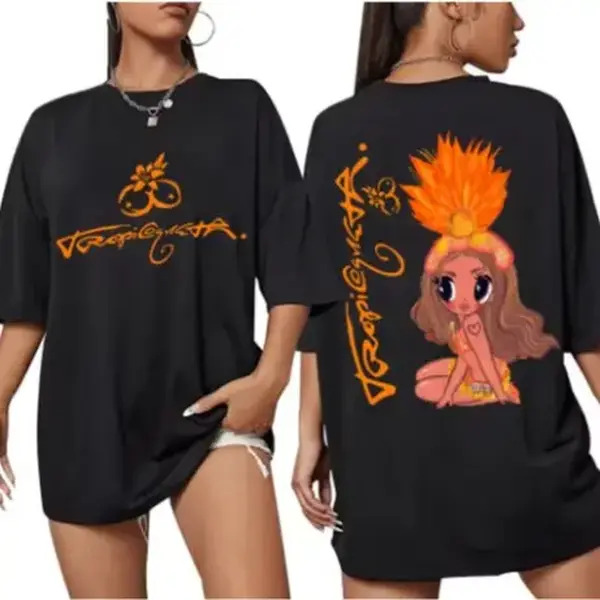Women's Oversized Tropical T Shirt, 100% Cotton Island Top with Hula Girl Print, Breathable Casual Everyday Black Tee, Tops