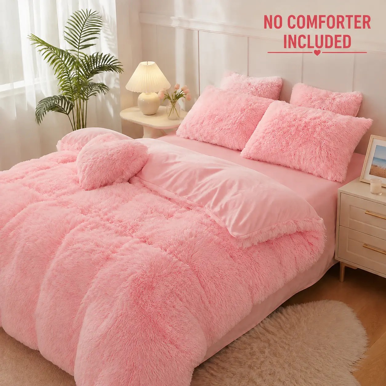 Soft Faux Fur Duvet Cover Set, Comforter Insert Not Included, Plush Fluffy Bedding Set with Heart Pillow & Pillow Shams, Warm Cozy Bedroom Decor, Back to School Essentials