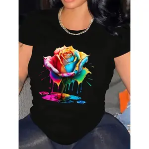 Colorful Rose Print Crew Neck T-Shirt - Fashionable Womens Graphic Print T-Shirt - Casual Short Sleeve Crew Neck Top - Lightweight & Breathable For Spring & Summer Wardrobe